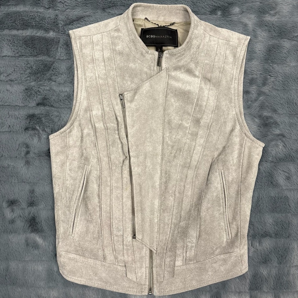 BCBGMAXAZRIA Womens Faux Suede Moto Vest Asymmetrical Zip Grey XS